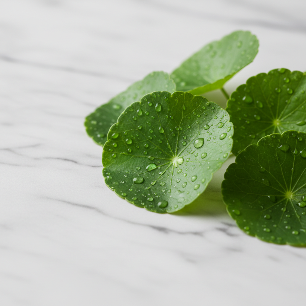 신선한 병풀 잎 위에 투명한 아침 이슬이 맺혀 있는 초근접 촬영 이미지로, 미니멀한 화이트 마블 배경 위에서 피부 진정과 자연 치유의 느낌을 강조한 고해상도 사진.