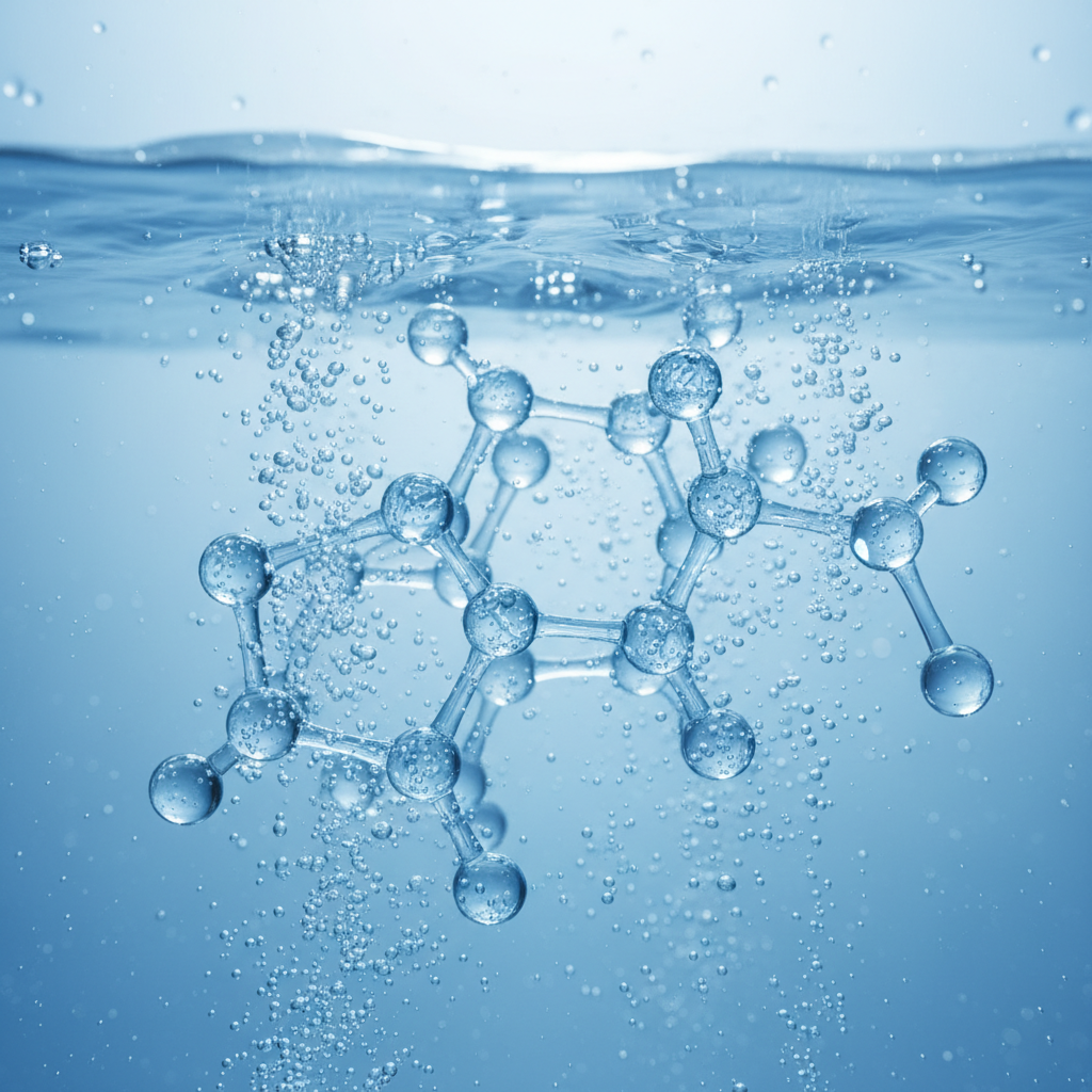 맑고 깨끗한 물결 속에 푸른색으로 빛나는 히알루론산 분자 구조를 3D 그래픽으로 시각화하여 깊은 수분감과 청량함을 전달하는 고품질 이미지.