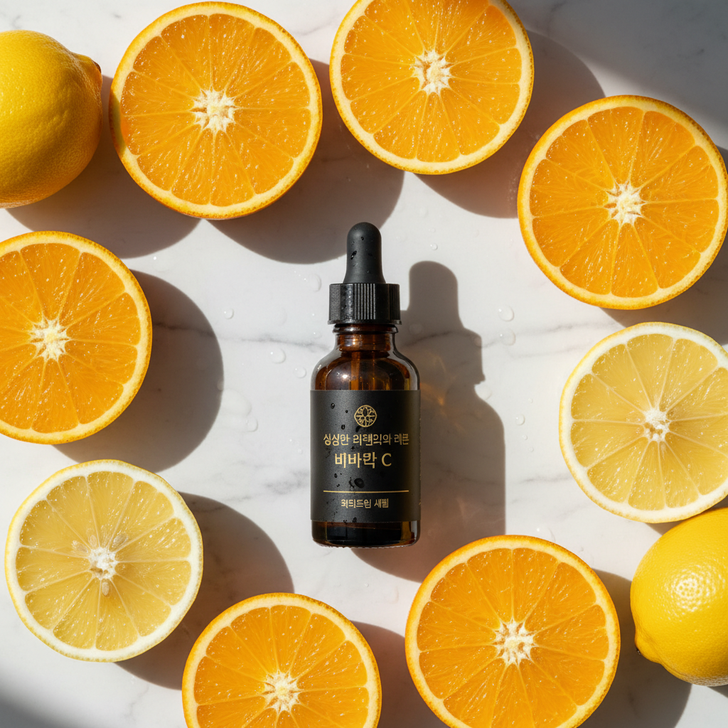 싱싱한 오렌지와 레몬 단면이 갈색 유리 스포이드 병 주위에 배치되어 있으며, 강렬한 자연광이 비쳐 생동감 넘치는 비타민 C의 미백 효과를 상징하는 정물 사진.