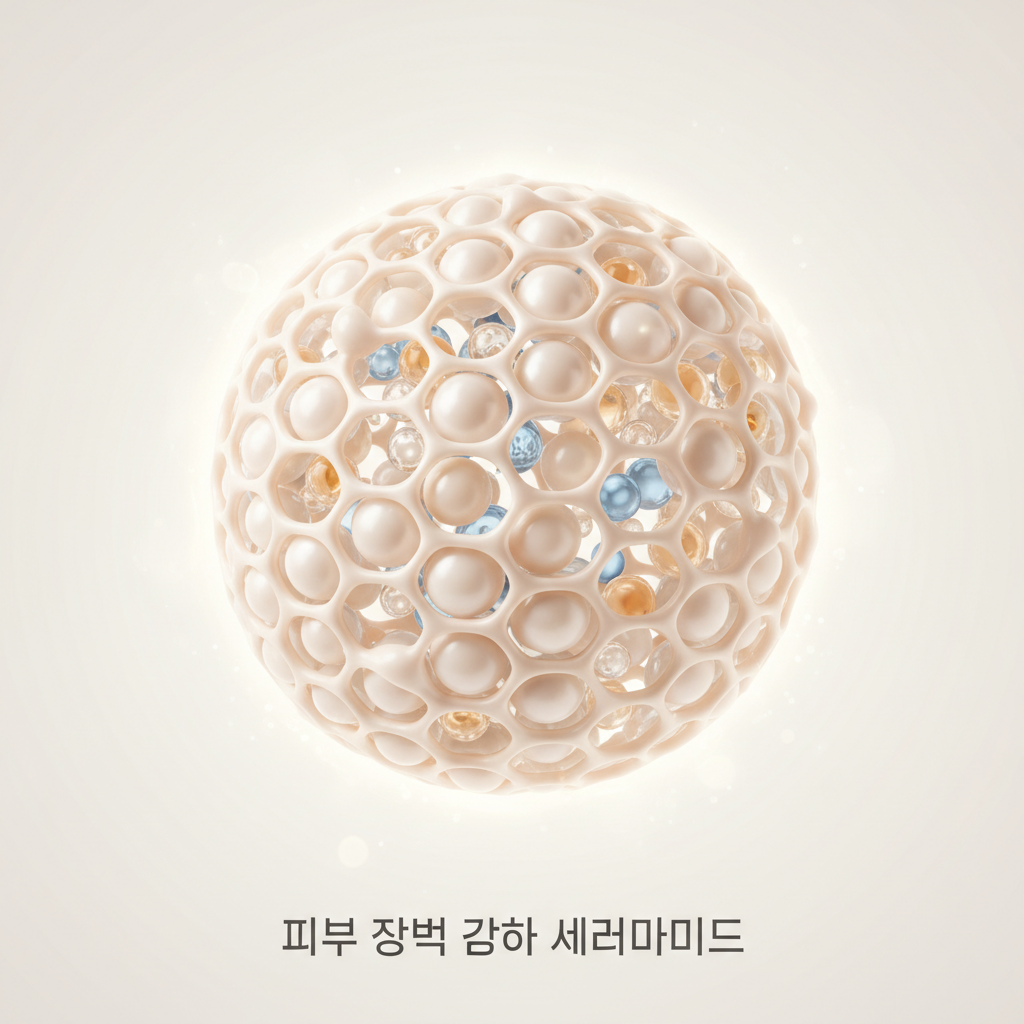 부드러운 베이지와 화이트 톤을 사용하여 건강한 피부 장벽의 육각형 구조를 3D 렌더링으로 구현해 세라마이드 성분의 보호 및 보습 기능을 시각화한 전문적인 이미지.