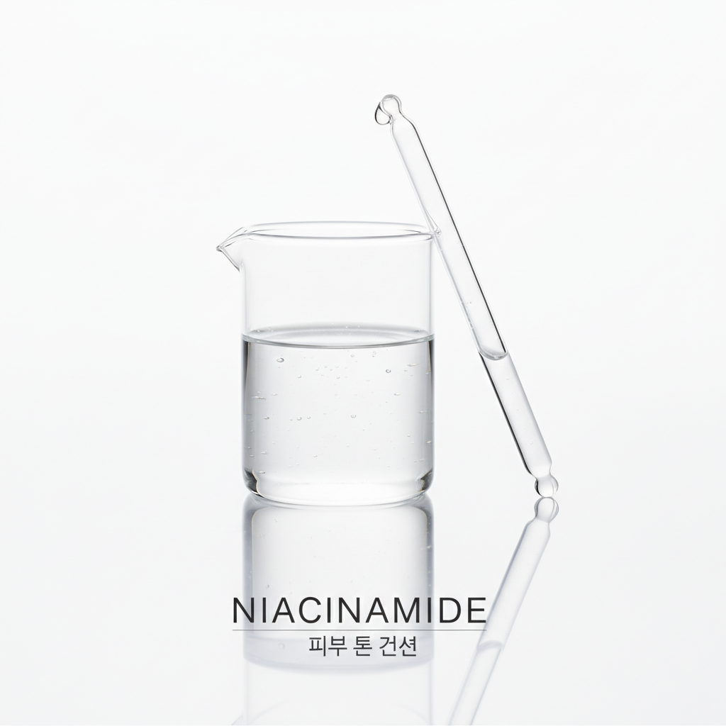 심플한 화이트 실험실 배경에 투명한 액체가 담긴 비커와 유리 피펫을 배치하여 나이아신아마이드 성분의 깨끗함과 피부 톤 개선 효과를 강조한 미니멀리즘 사진.