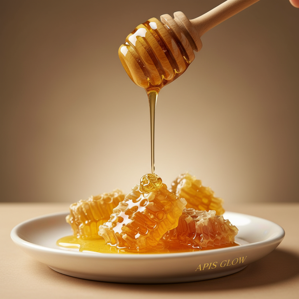 나무 디퍼에서 흘러내리는 진한 황금빛 프로폴리스와 천연 벌집 조각들이 조화를 이루어 영양 공급과 피부 광채를 시각적으로 극대화한 고화질 이미지.